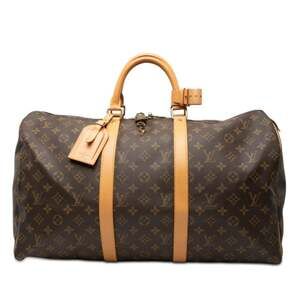 LOUIS VUITTON Authentic Brown Monogram Leather Keepall 50 Boston Bag